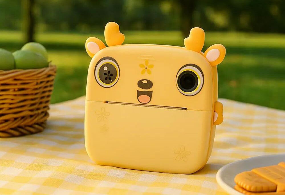 Drukarka EXTRALINK EPP-006 Złącze USB Żółty + Papier termiczny zwykły (3 szt.) aparat natychmiastowy stojący na kocu piknikowym na trawie, z koszykiem owoców w tle