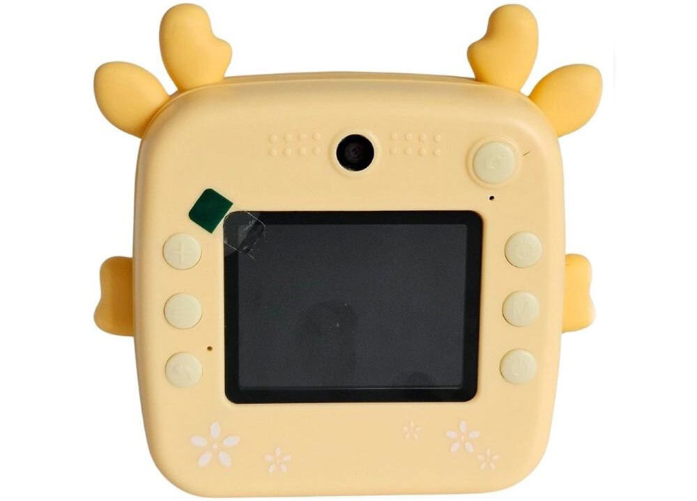 Drukarka EXTRALINK EPP-006 Złącze USB Żółty + Papier termiczny zwykły (3 szt.) Tylna część aparatu natychmiastowego, pokazująca duży ekran LCD i przyciski sterujące dedykowana aplikacja Android iOS tablet smartfon kreator rysunków edytor tekstów etykiety banery