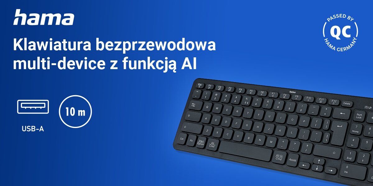 Klawiatura HAMA WK-300 Multi-Device Assist AI Czarny ergonomiczna klawiatura, niebieskie tło, produkty, logo producenta, ikona USB-A