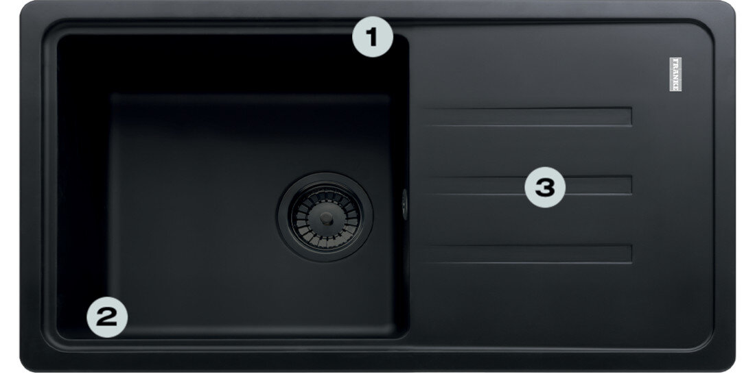 Zlewozmywak FRANKE Bliss BSG 611-78 114.0693.559 Czarny mat Postaw na komfort w kuchni  zlewozmywak z góry z widocznymi numerami 1 na montażu młynka  2 na gamie kolorystycznej  3 na dwóch głębokich komorach