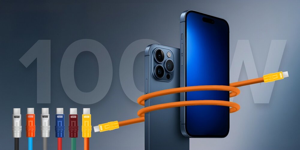 Telefon podłączony  silikonowym kablem Newell USB-C - USB-C 100 W, 2 m do ładowarki marki Newell.
