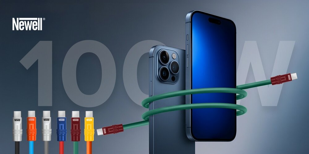 Telefon podłączony  silikonowym kablem Newell USB-C - USB-C 100 W, 2 m do ładowarki marki Newell.