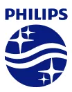 Logo PHILIPS przedstawia stylizowane fale i gwiazdy w niebieskim kolorze.