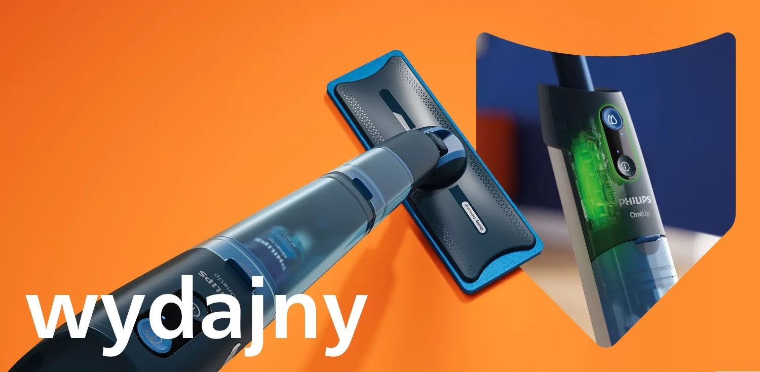 Obraz przedstawia elektryczny mop PHILIPS OneUp na pomarańczowym tle z widocznym napisem \'wydajny\'. Na mopie widoczne jest logo PHILIPS OneUp oraz przyciski sterujące.