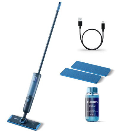 Na obrazie znajduje się elektryczny mop z długim uchwytem, dwie niebieskie nakładki, butelka z napisem \'PHILIPS OneUp\' oraz okrągły element przypominający uchwyt. Produkt jest bezprzewodowy i ma czas pracy do 70 minut.