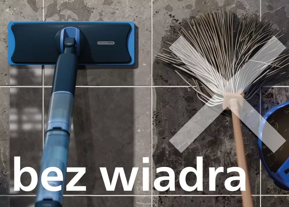 Na obrazie widać mop elektryczny na tle płytek oraz tradycyjną miotłę z przekreśleniem. Na dole widoczny jest tekst: \'bez wiadra\'.