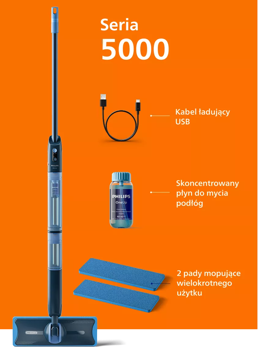 Obraz przedstawia elektryczny mop PHILIPS z serii 5000, kabel ładujący USB, skoncentrowany płyn do mycia podłóg oraz dwa pady mopujące wielokrotnego użytku. Tło jest pomarańczowe, a na nim widnieje tekst: \'Seria 5000\', \'Kabel ładujący USB\', \'Skoncentrowany płyn do mycia podłóg\', \'2 pady mopujące wielokrotnego użytku\'.