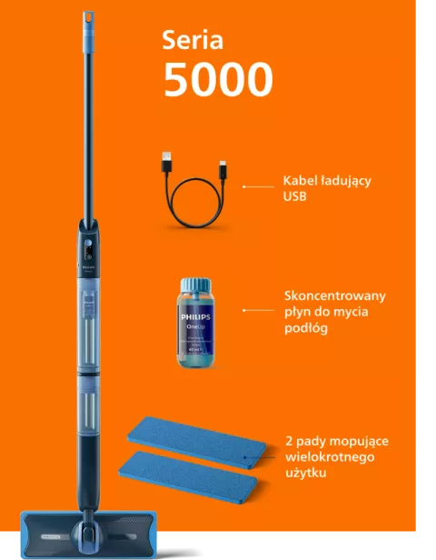 Na pomarańczowym tle widoczny jest mop elektryczny z serii 5000, kabel ładujący USB, skoncentrowany płyn do mycia podłóg oraz dwa pady mopujące wielokrotnego użytku. Obok mopa znajduje się napis \'Seria 5000\'.
