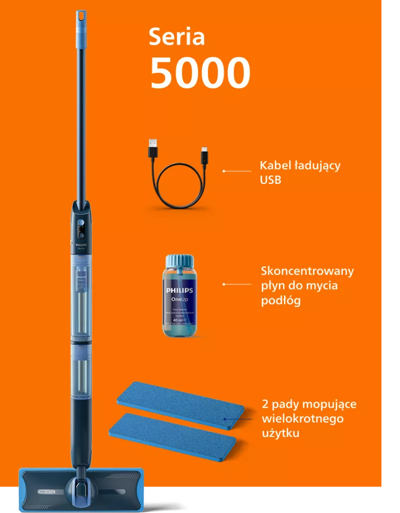 Obraz przedstawia elektryczny mop z serii 5000, kabel ładujący USB, skoncentrowany płyn do mycia podłóg oraz dwa niebieskie pady mopujące. Na pomarańczowym tle widnieje tekst: \'Seria 5000\', \'Kabel ładujący USB\', \'Skoncentrowany płyn do mycia podłóg\', \'2 pady mopujące wielokrotnego użytku\'.