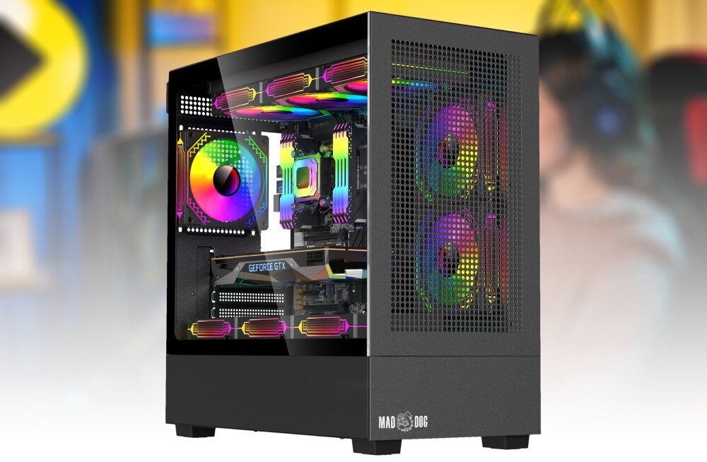 Komputer MAD DOG GeForce RTX5060 DLSS 4 Reflex Edition 2 PBA MD-I04WR32WH Czarna obudowa do komputera z przednim panelem wykonanym z metalowej siatki oraz szklanym panelem bocznym ukazującym podświetlone podzespoły