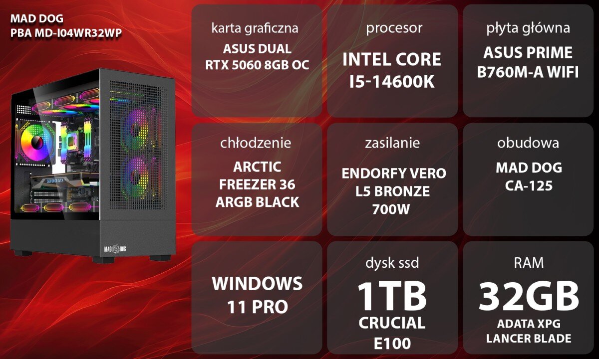 Komputer MAD DOG GeForce RTX5060 DLSS 4 Reflex Edition 2 PBA MD-I04WR32WP Grafika przedstawiająca specyfikację komputera, z podziałem na podzespoły. W lewej części znajduje się model komputera, a obok niego informacje o podzespołach, opis