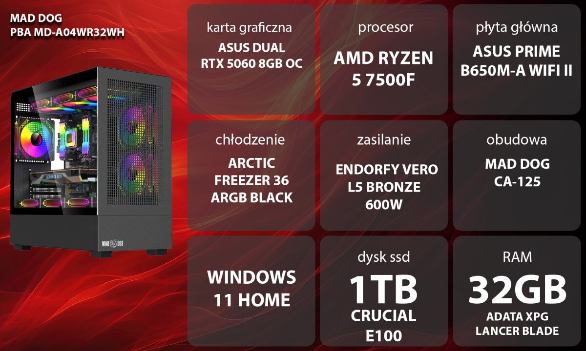 Komputer MAD DOG GeForce RTX5060 DLSS 4 Reflex Edition 2 PBA MD-A04WR32WH Grafika przedstawiająca specyfikację komputera, z podziałem na podzespoły. W lewej części znajduje się model komputera, a obok niego informacje o podzespołach, opis