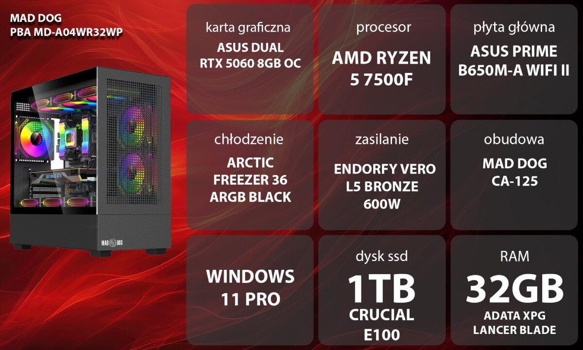 Komputer MAD DOG GeForce RTX5060 DLSS 4 Reflex Edition 2 PBA MD-A04WR32WP Grafika przedstawiająca specyfikację komputera, z podziałem na podzespoły. W lewej części znajduje się model komputera, a obok niego informacje o podzespołach, opis