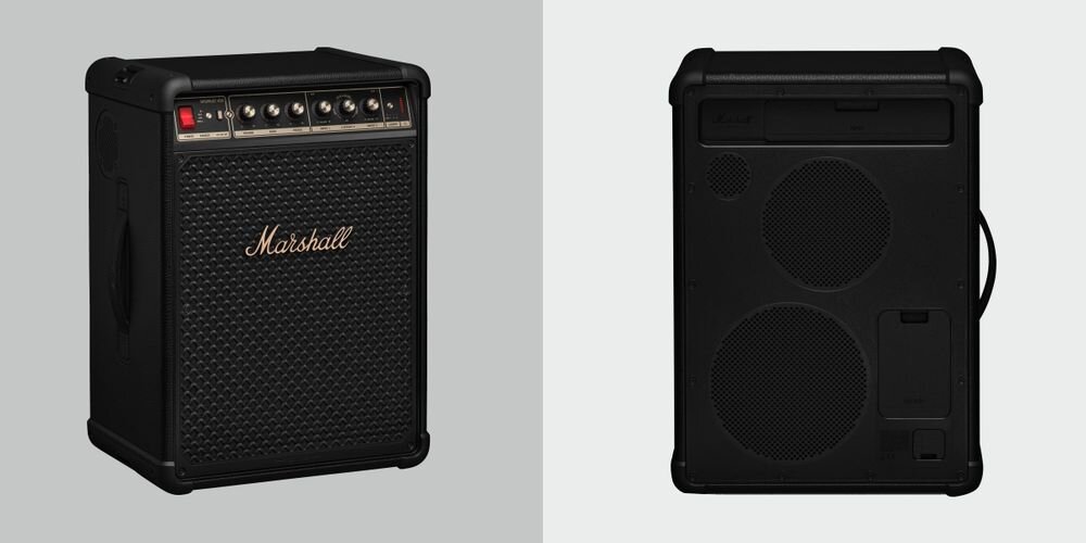 Power Audio MARSHALL Bromley 750 dźwięk 360 stopni True Stereophonic dwa głośniki wysokotonowe równomierne nagłośnienie, głośnik po skosie na szarym tle, głośnik po skosie na białym tle