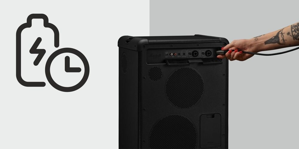 Power Audio MARSHALL Bromley 750 ponad 40 godzin pracy wymienna bateria szybkie ładowanie zasilanie przewodowe, głosnik po skosie na biało-szarym tle