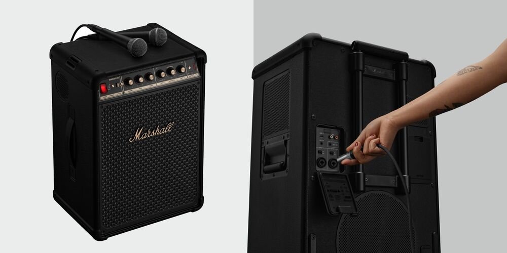 Power Audio MARSHALL Bromley 750 dwa gniazda combo XLR 6,3 mm wejścia mikrofon instrument regulacja poziomu, głośnik po skosie na białym tle