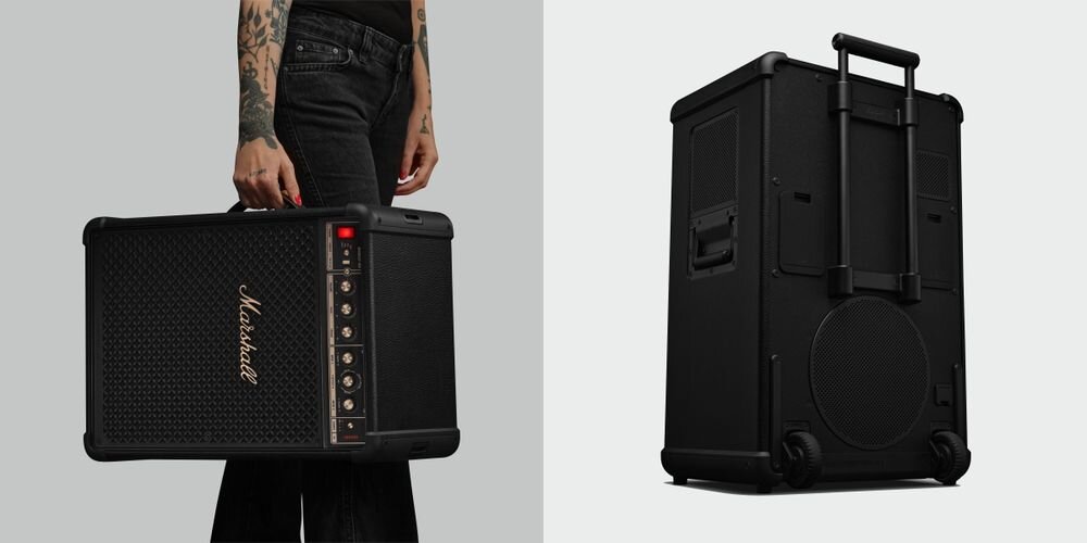 Power Audio MARSHALL Bromley 750 uchwyty zintegrowane koła mobilny design łatwy transport, osoba trzymająca głośnik za uchwyt