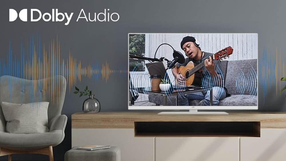 Telewizor JVC LT-32VAF330W Dolby Audio głośniki 12W wyraźny dźwięk, telewizor stojący na komodzie w pomieszczeniu