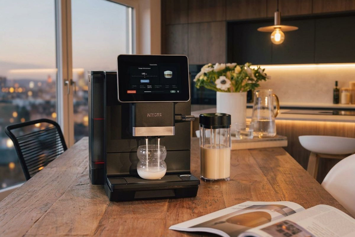 NIVONA Nivo 9103 na blacie z kartonikiem mleka i dwoma kawami