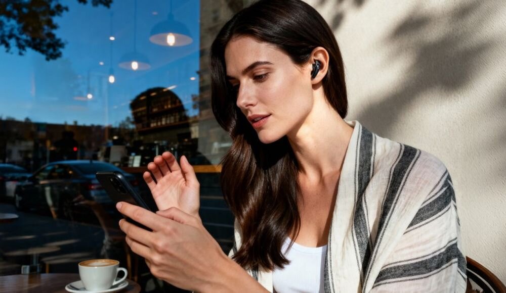 Słuchawki douszne SOUNDCORE Liberty Buds ANC cztery mikrofony rozmowy, osoba z założonymi słuchawkami
