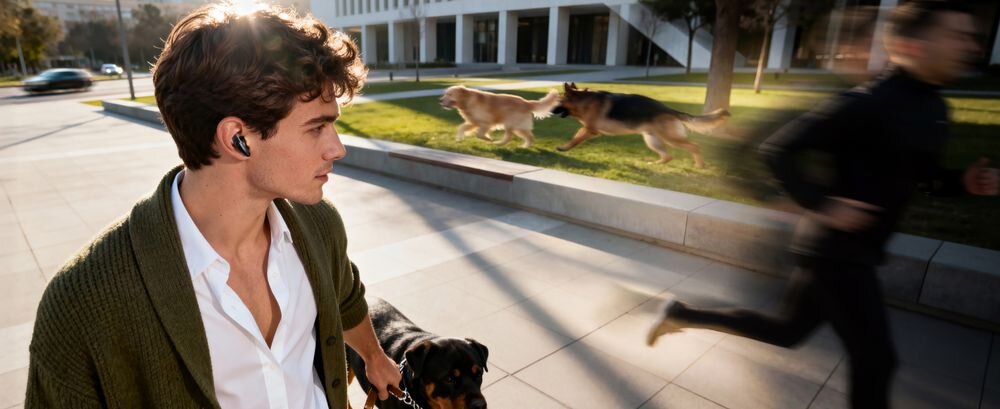 Słuchawki douszne SOUNDCORE Liberty Buds ANC adaptacyjna redukcja szumów, osoba z założonymi słuchawkami na spacerze z psem