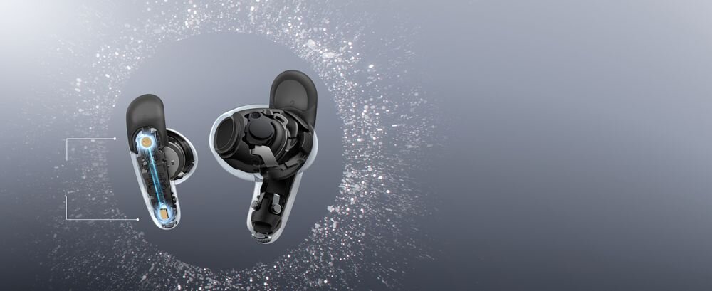 Słuchawki douszne SOUNDCORE Liberty Buds ANC dwa mikrofony analiza hałasu, słuchawki wraz ze skrzydełkami na jasnym tle