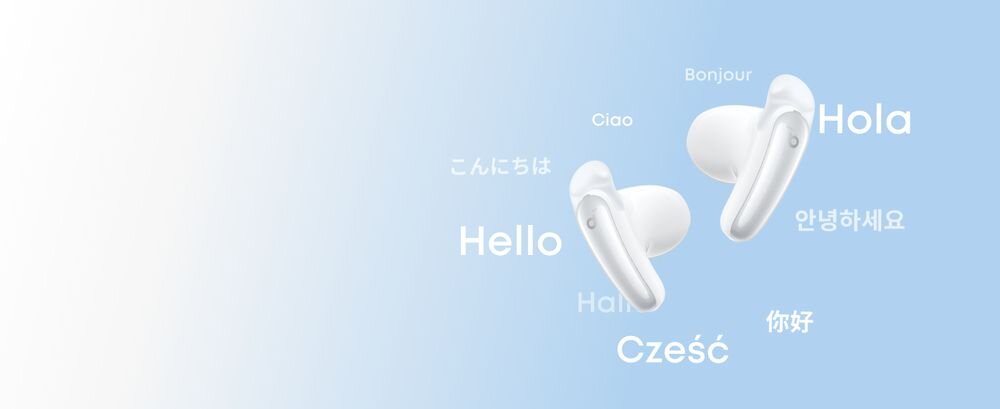 SOUNDCORE Liberty Buds ANC AI tłumacz na żywo ponad 100 języków aplikacja Soundcore napisy w czasie rzeczywistym, słuchawki na błękitnym tle