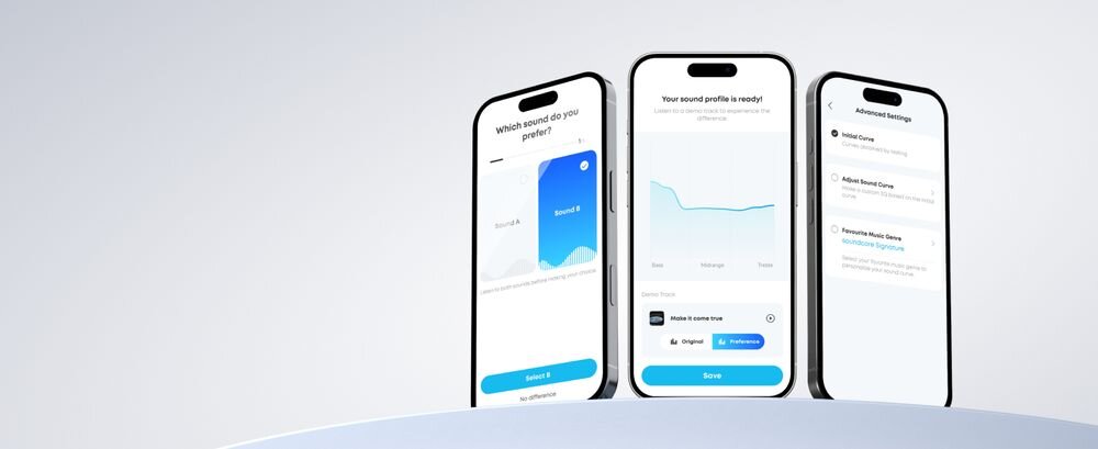 Słuchawki douszne SOUNDCORE Liberty Buds ANC HearID 4.0 dźwięk, trzy smartfony stojące na podwyższeniu