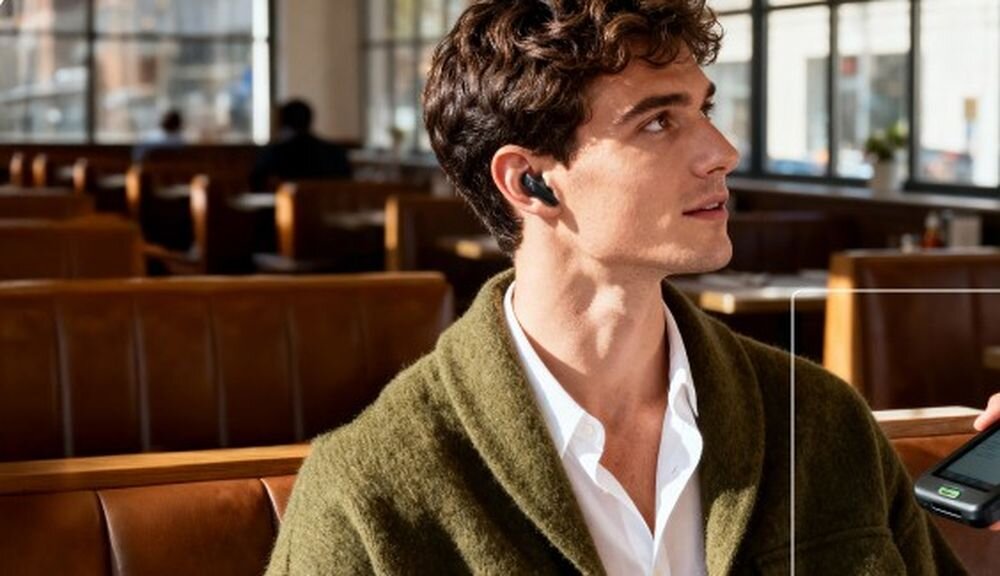 Słuchawki douszne SOUNDCORE Liberty Buds ANC tłumaczenie na żywo, osoba z założonymi słuchawkami