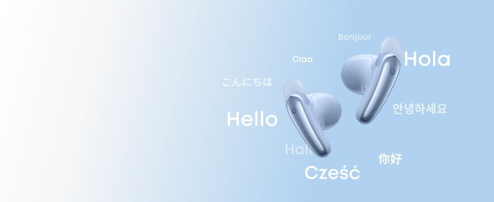 SOUNDCORE Liberty Buds ANC AI tłumacz na żywo ponad 100 języków aplikacja Soundcore napisy w czasie rzeczywistym, słuchawki na błękitnym tle
