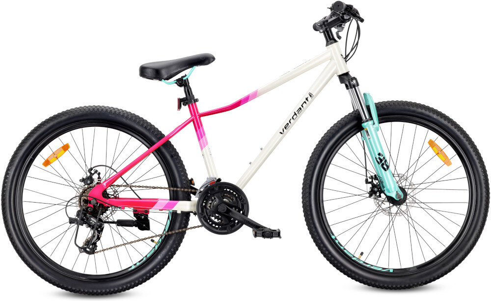 Rower młodzieżowy SUN BABY Verdant Calix ST 7-SH 24 cale dla dziewczynki Biało-różowo-miętowy rower na białym tle widoczny z boku pojedynczy łańcuch marki YBN do płynnej pracy napędu umożliwia łatwą zmianę biegów odpowiednia wytrzymałość na rozciąganie i codzienne użytkowanie łatwa konserwacja