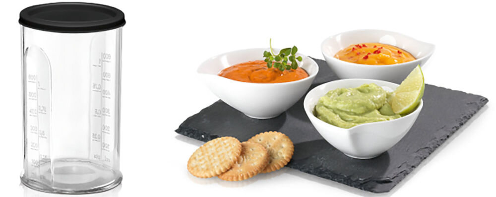 Blender BOSCH ErgoMixx MS61B6150 pojemnik z miarką czarna góra obok w miseczkach stoją dipy zielony i pomarańczowe pojemnik do odmierzania i miksowania o pojemności 600 ml wygoda efektywność funkcjonalność łatwe odmierzanie składników zmiksowanie składników uproszczone przygotowywanie potraw praktyczne akcesorium kuchenne optymalne działanie dla każdej kuchni 