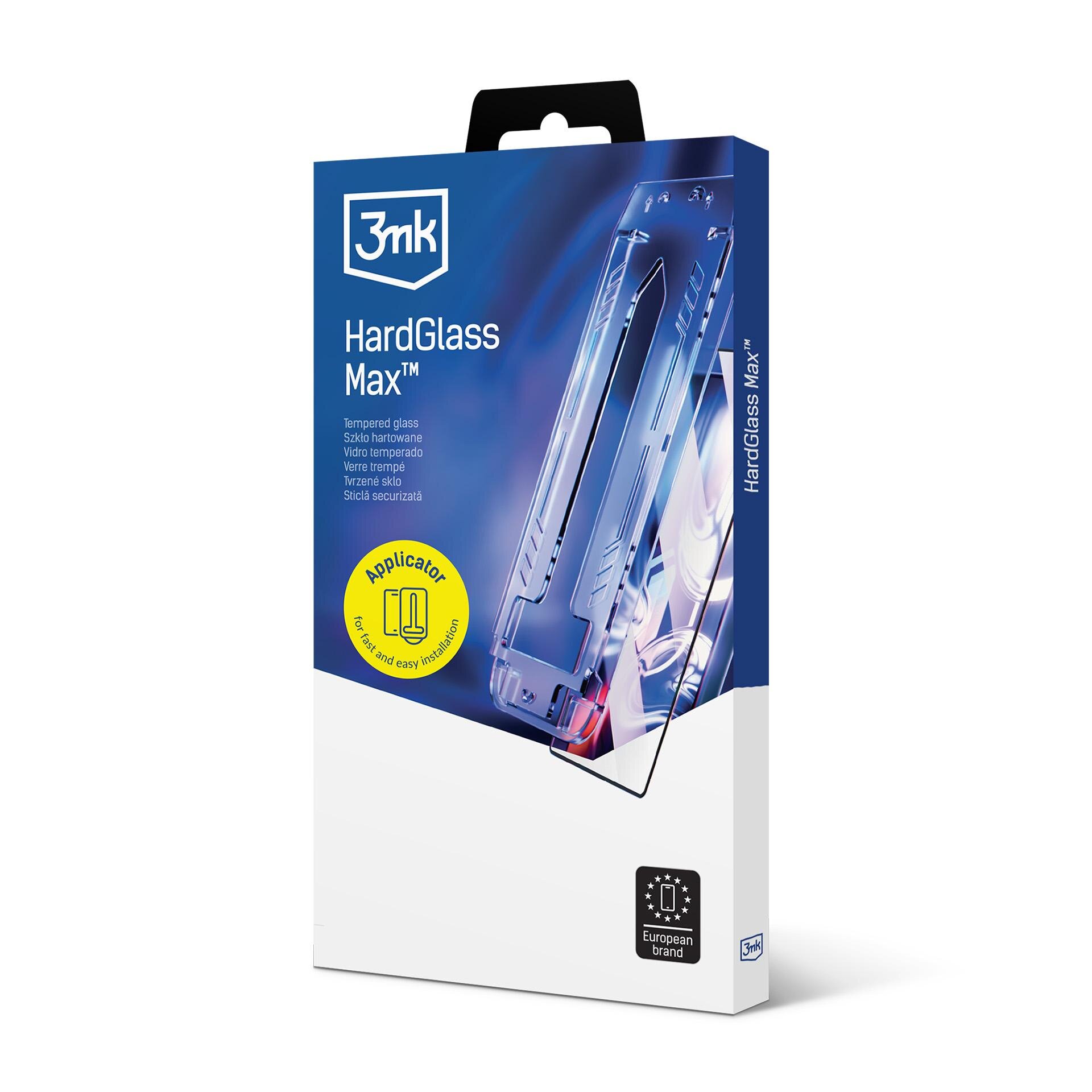 Opakowanie produktu 3mk HardGlass Max z grafiką szkła hartowanego i żółtym oznaczeniem \'Applicator for easy and fast installation\'.