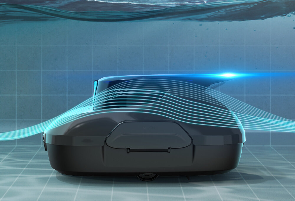 Robot do czyszczenia basenów AIPER Scuba SE robot zanurzony w wodzie linie pokazujące opór wody efektywne poruszanie się po dnie basenu minimalizując opory wody