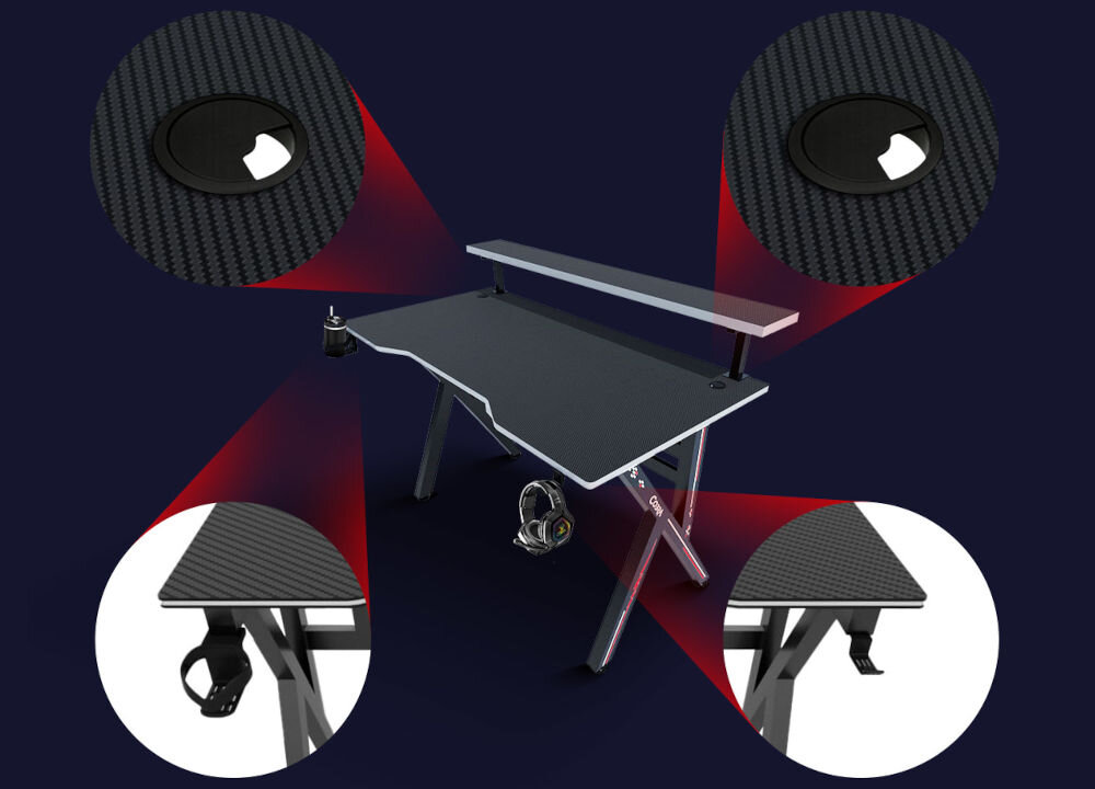 Biurko gamingowe COBRA CR4009BK Czarny wyposażone w dwa praktyczne otwory na kable oraz uchwyty na słuchawki i bidon przemyślane rozwiązania