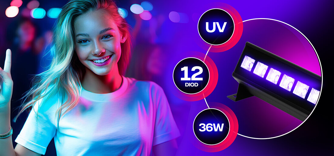 Belka LED MUSICMATE LGH36 UV PartyPulse - Baw się światłem i muzyką, 12 diod LED