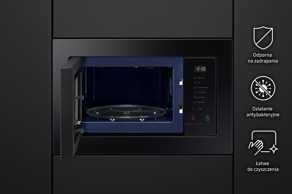 Na grafice przedstawiona jest czarna zabudowa z mikrofalówką. Widać na niej także trzy ikony, które informują o zaletach urządzenia
