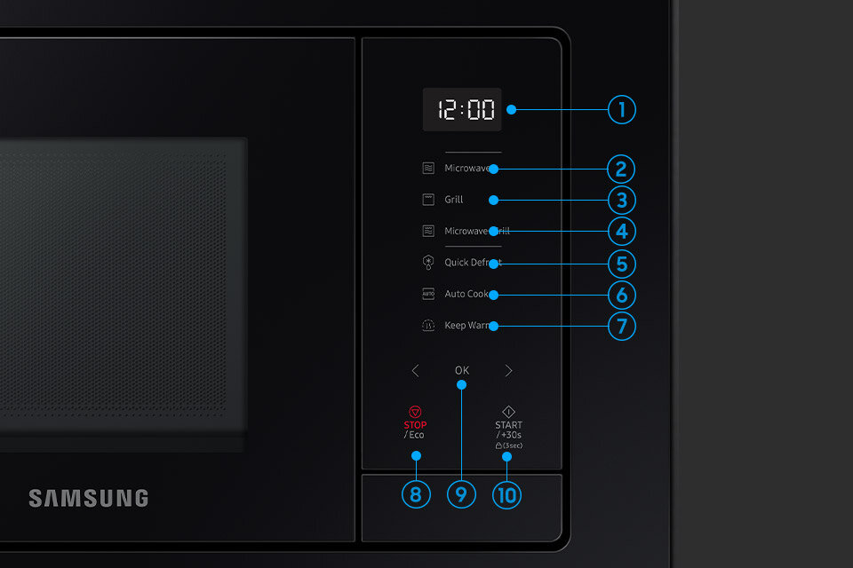 Zbliżenie pokazujące panel sterowania kuchenki mikrofalowej do zabudowy MG23A7318CK