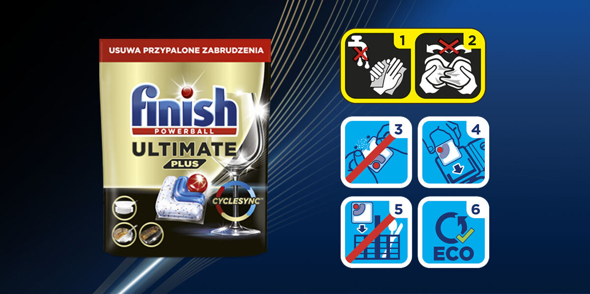 Zestaw FINISH Ultimate Plus 90 + Dodatki oszczędność wody wielofunkcyjna kapsułka elimanacja zabrudzeń