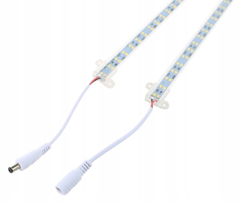 Dwie listwy LED z białymi przewodami i złączami, każda z 72 diodami LED w przezroczystej obudowie. Listwy mają neutralne białe światło i są przeznaczone do zasilania 12V.