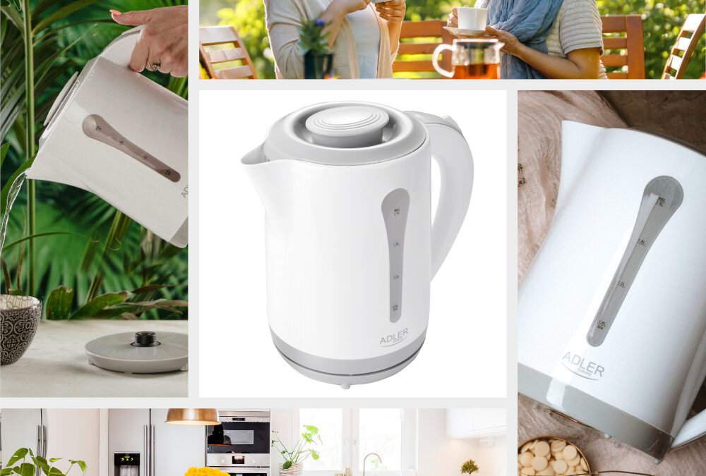 Czajnik ADLER AD 1244 Praktyczny design Obrotowa podstawa płaskie dno użytkowanie Estetyczny design klasyczna biel wpasowanie funkcjonalność wygląd