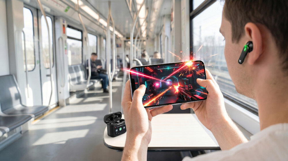 osoba jadąca pociągiem lub metrem, który gra w dynamiczną grę na smartfonie. Ma założone białe słuchawki douszne XMUSIC, a wokół jego ucha widoczne są animowane kręgi, co sugeruje wysoką jakość dźwięku i niskie opóźnienie (Low Latency). Obok na stoliku stoi etui z ekranem, a w tle widać rozmyte wnętrze wagonu z pasażerami.