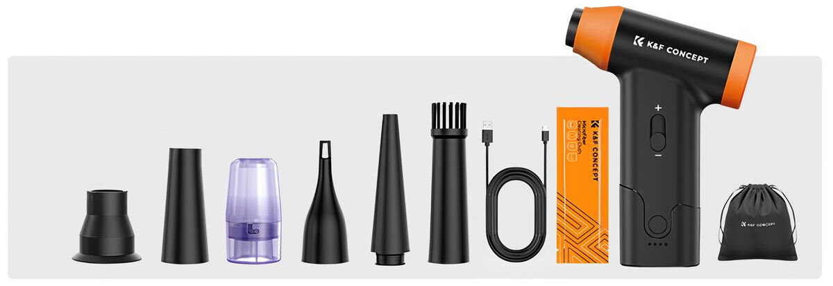 Na obrazie widoczna jest dmuchawa wielofunkcyjna K&F CONCEPT oraz różne akcesoria, takie jak różne końcówki, kabel USB, pudełko i woreczek. Na dmuchawie znajduje się logo \'K&F CONCEPT\'.