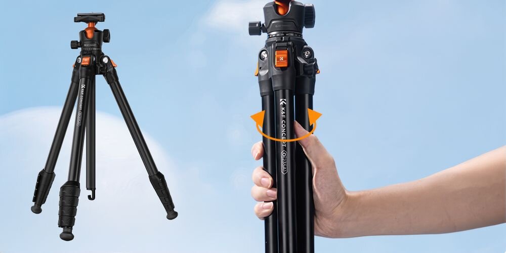 Po lewo statyw K&F Concept O235A1 z głowicą kulową BH-40, po prawo złożony trzymany w ręku, oba na tle grafiki nieba