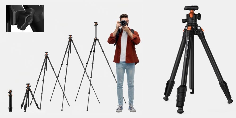 Kilka ujęć K&F Concept O235A1, od złożonego po rozstawionego z wysuniętą kolumną. Pośrodku mężczyzna fotografujący lustrzanką