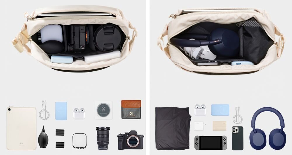 2 zdjęcia z góry na beżowa torbę K&F Concept Alpha Sling Bag 10 l i jej zawartości oraz przykładowe zestawy , które pomieści