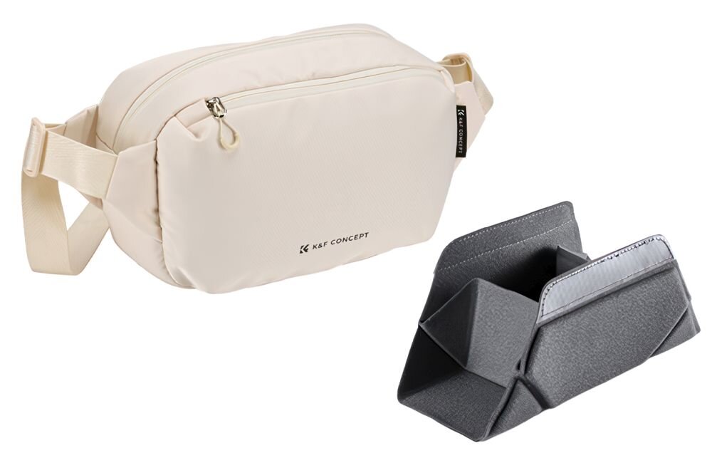 Beżowa torba fotograficzna K&F Concept Alpha Sling Bag 10 l, obok niej szara regulowana przegródka