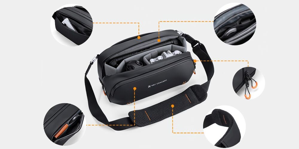 Torba na ramię K&F Concept Urban Wander 17 5 l na szarym tle i grafika pokazująca szczegóły, takie jak zamki, przegródki, pasek