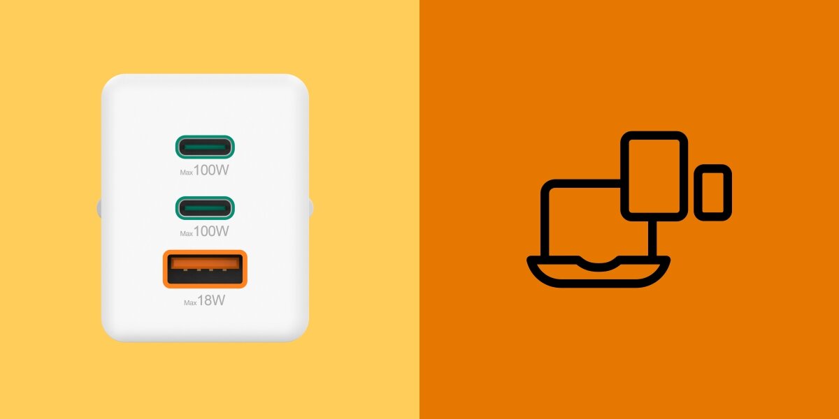 Ładowarka sieciowa HAMA 100W GaN PD/QC, 2x USB-C, 1x USB-A Dwupanelowy obraz: po lewej transmiter FM Hama na jasnym tle, po prawej urządzenie zamontowane w gnieździe zapalniczki samochodowej z podpiętym kablem USB do ładowania.