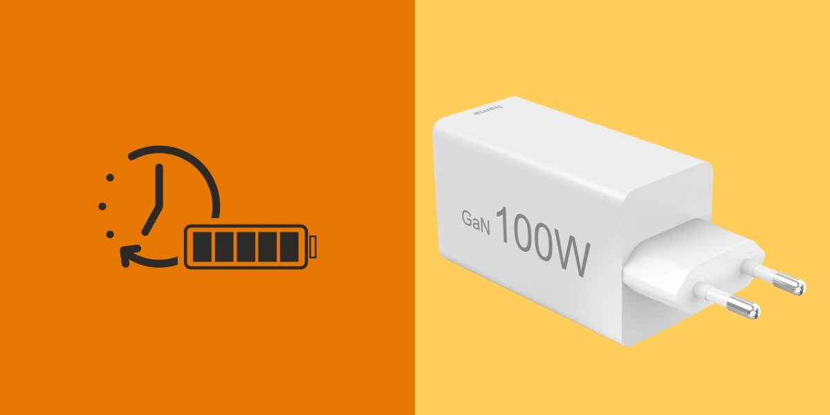 Ładowarka sieciowa HAMA 100W GaN PD/QC, 2x USB-C, 1x USB-A Infografika prezentująca panel przedni transmitera z opisem: wyświetlacz LED, mikrofon do zestawu głośnomówiącego oraz dwa porty USB do ładowania i muzyki.